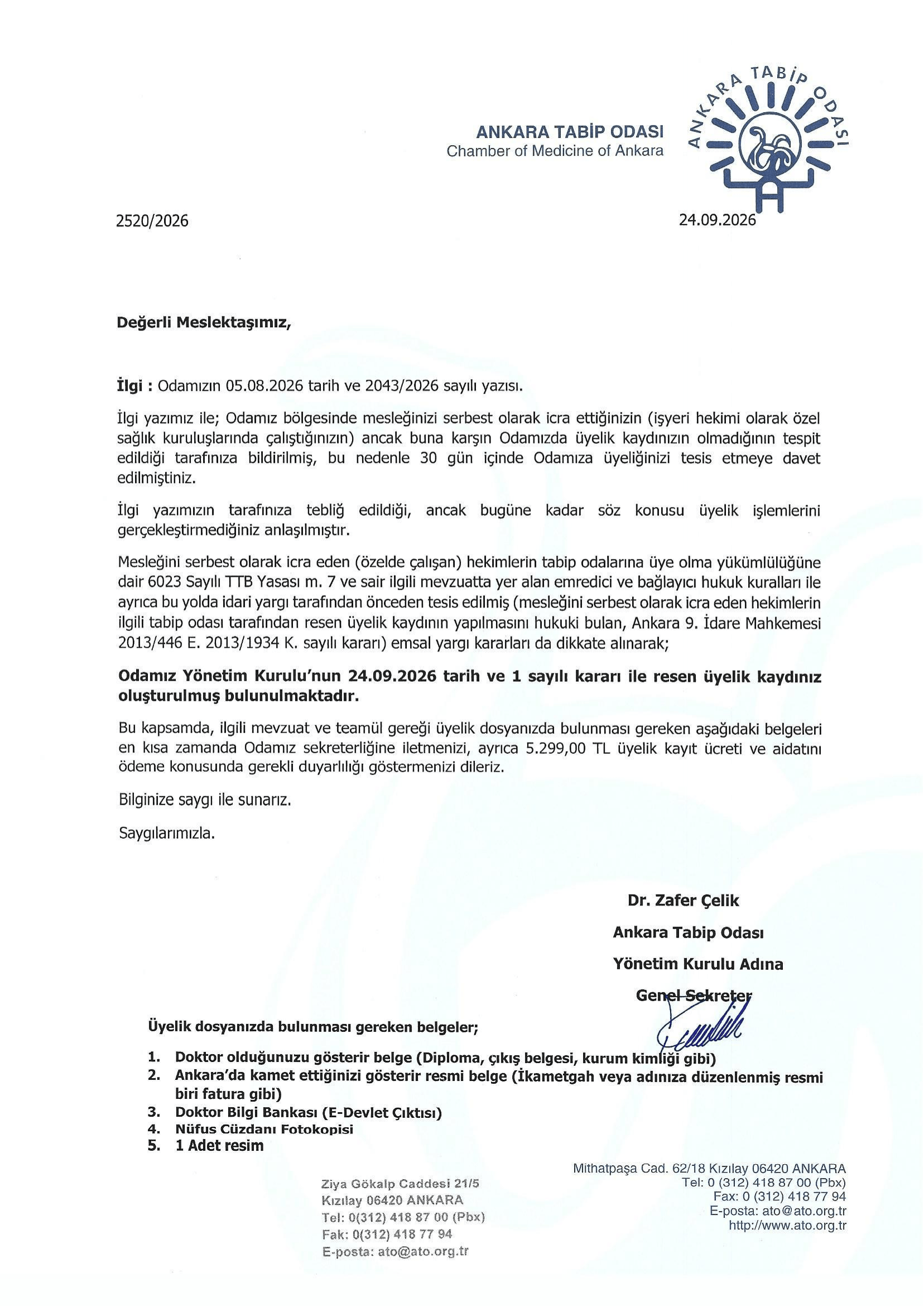 ATO Üyelik İşlemi Hakkında Resmi Yazı